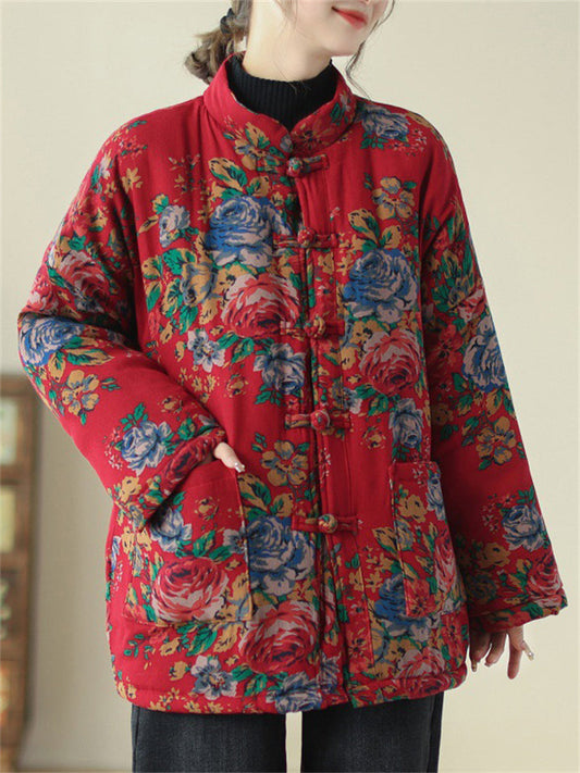 Country Style Stand Collar Rose Print Red Cotton Coat