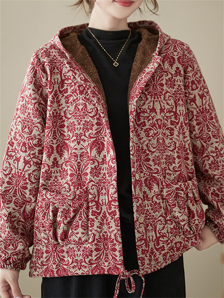 Bohemian Print Button Up Hooded Plush Liner Coat