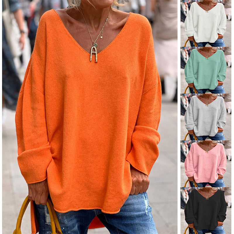 Ivyshape | Solid Color and V-Neck Long Sleeve Loose Casual Top