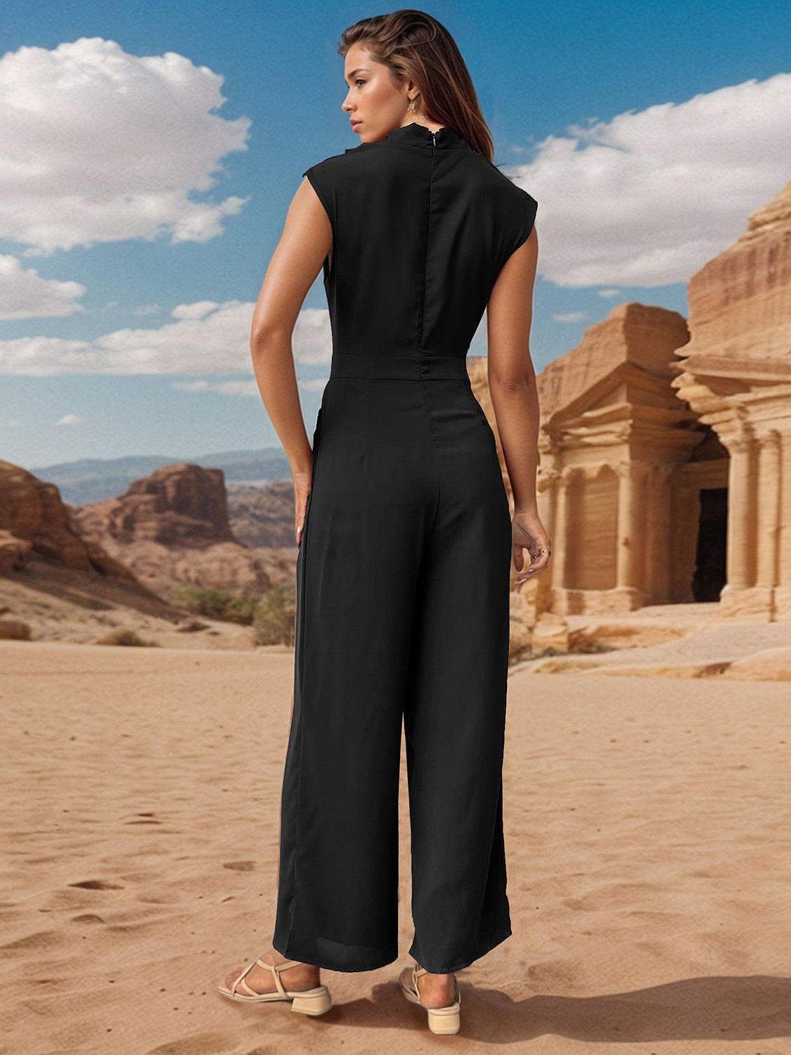 Ivyshape | Ruched Mock Neck Sleeveless Jumpsuit