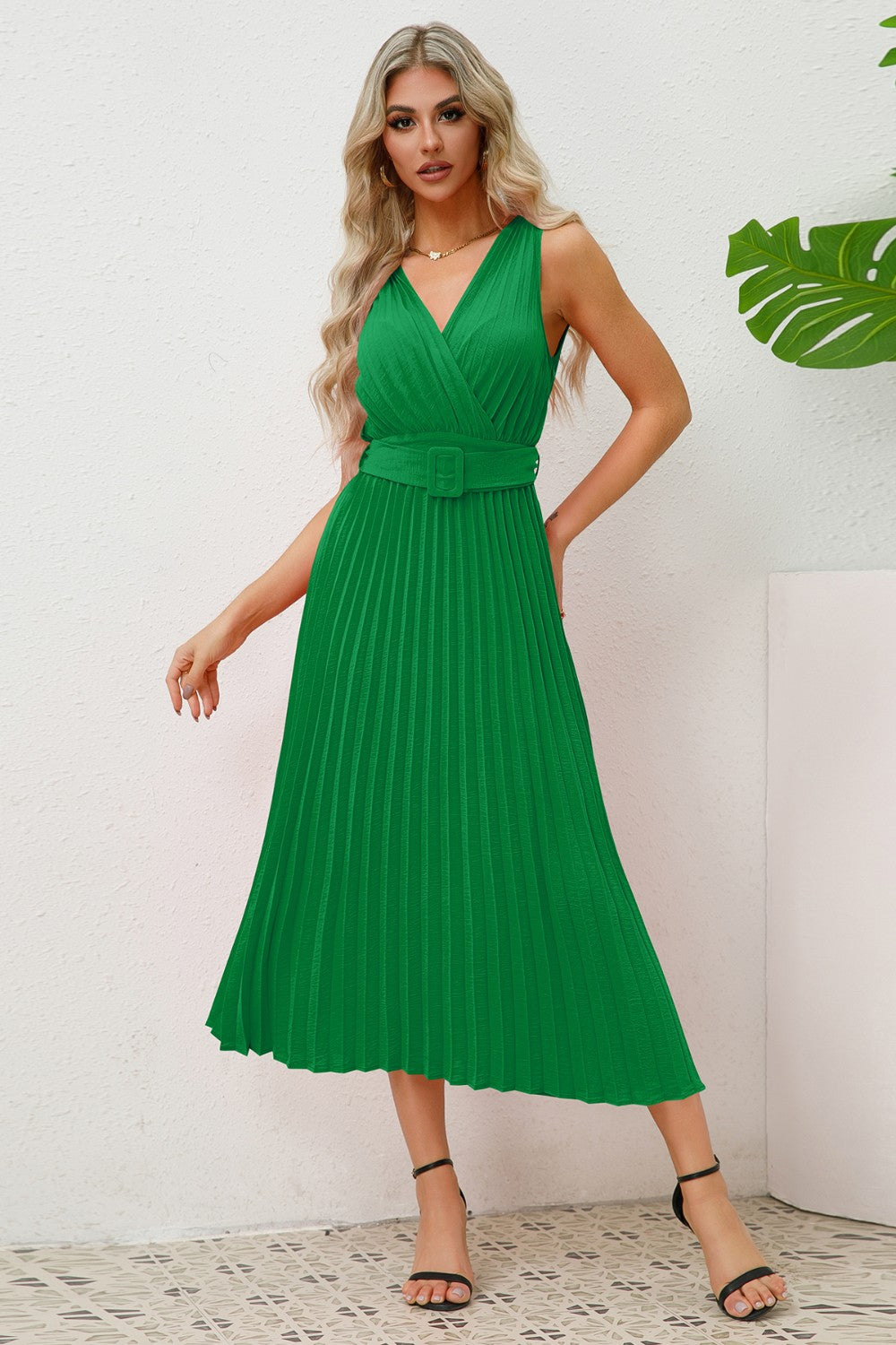 Ivyshape | Surplice Sleeveless Midi Pleated Dress