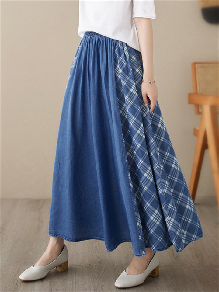 Women's Casual Plaid Patchwork Denim Pleated Skirt