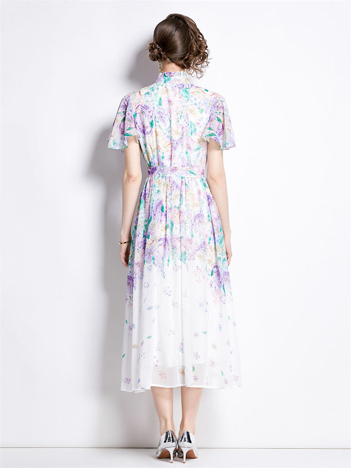 Sweet Stand Collar Flutter Sleeve Print Chiffon Dress for Lady