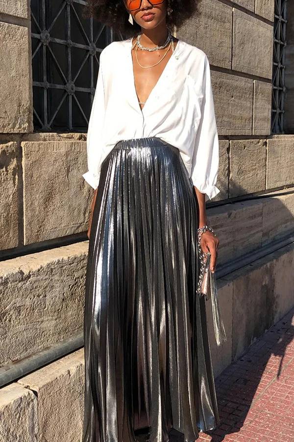 Ivyshape | Metallic Pleated Back Elastic Waist Maxi Skirt