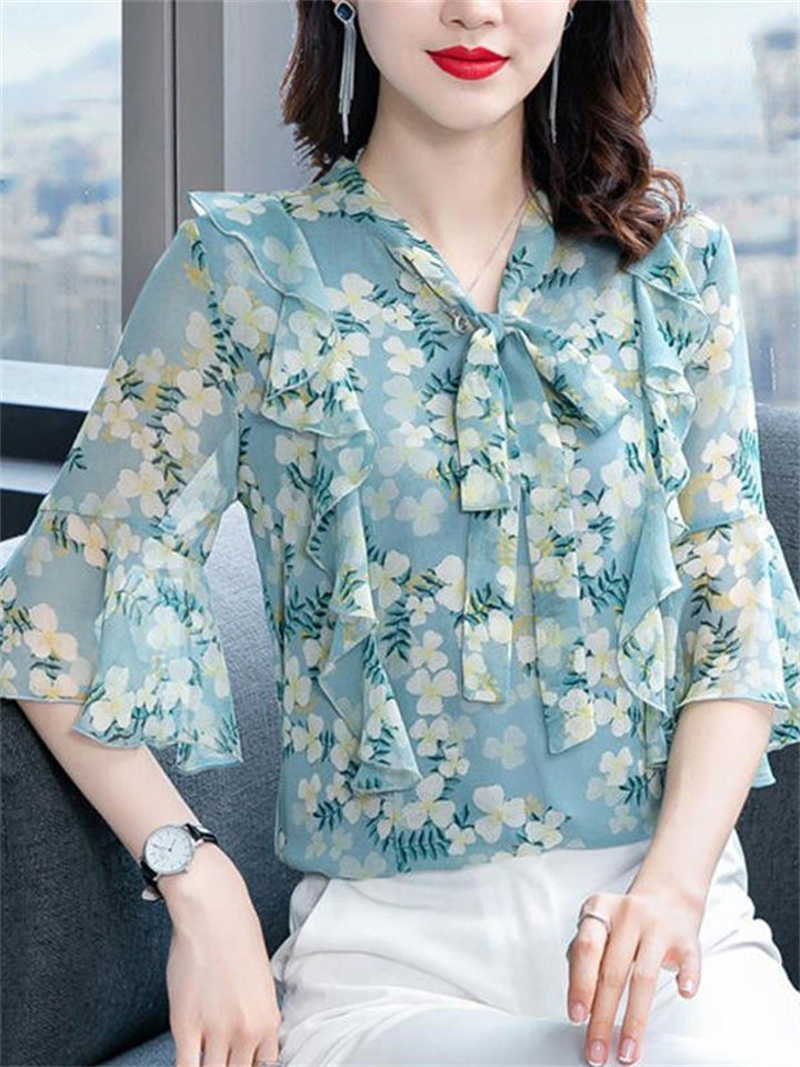 Comfy Floral Printed Lace-up Chiffon Shirts