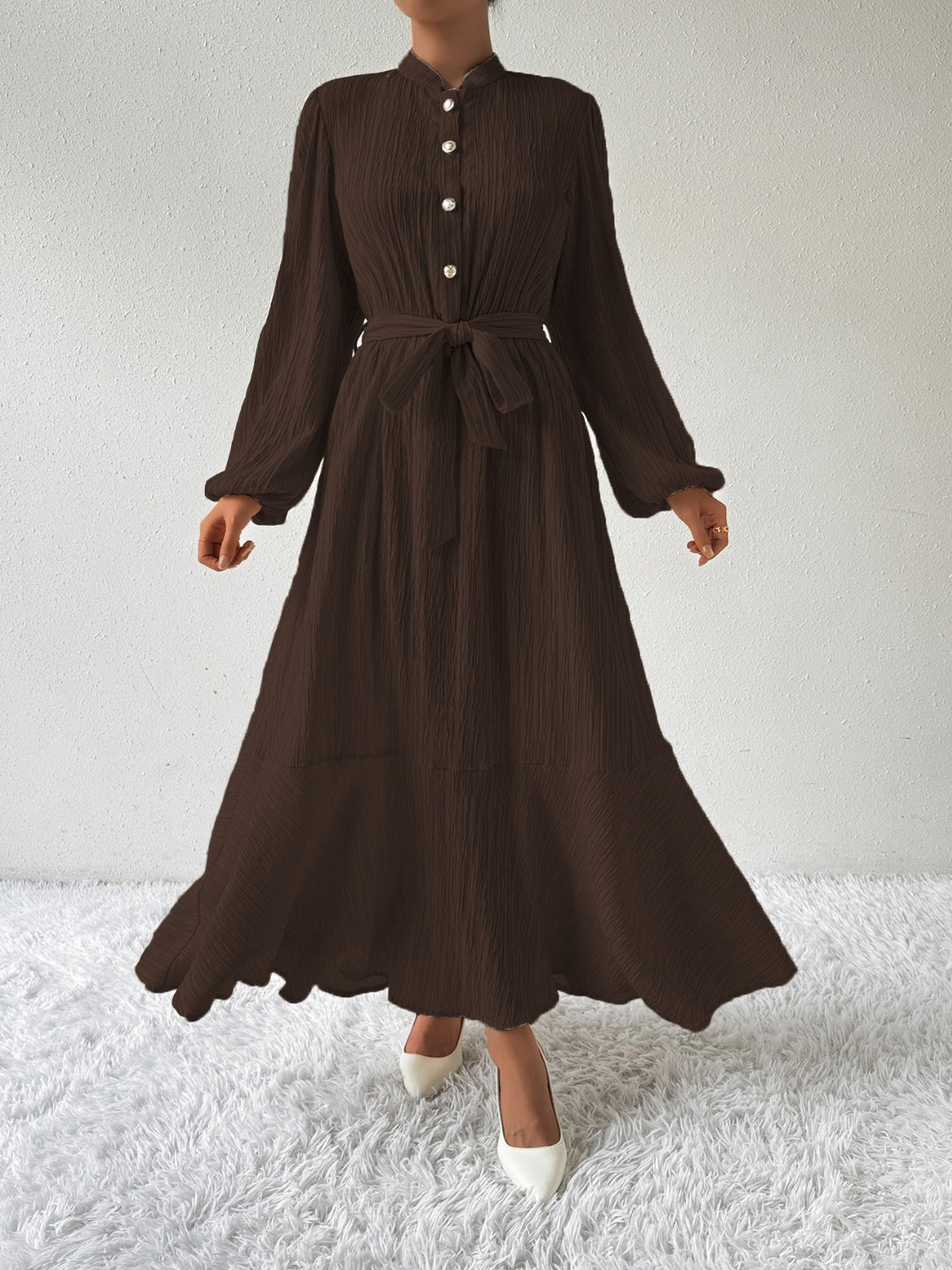 Ivyshape | Tie Waist Long Sleeve Dress