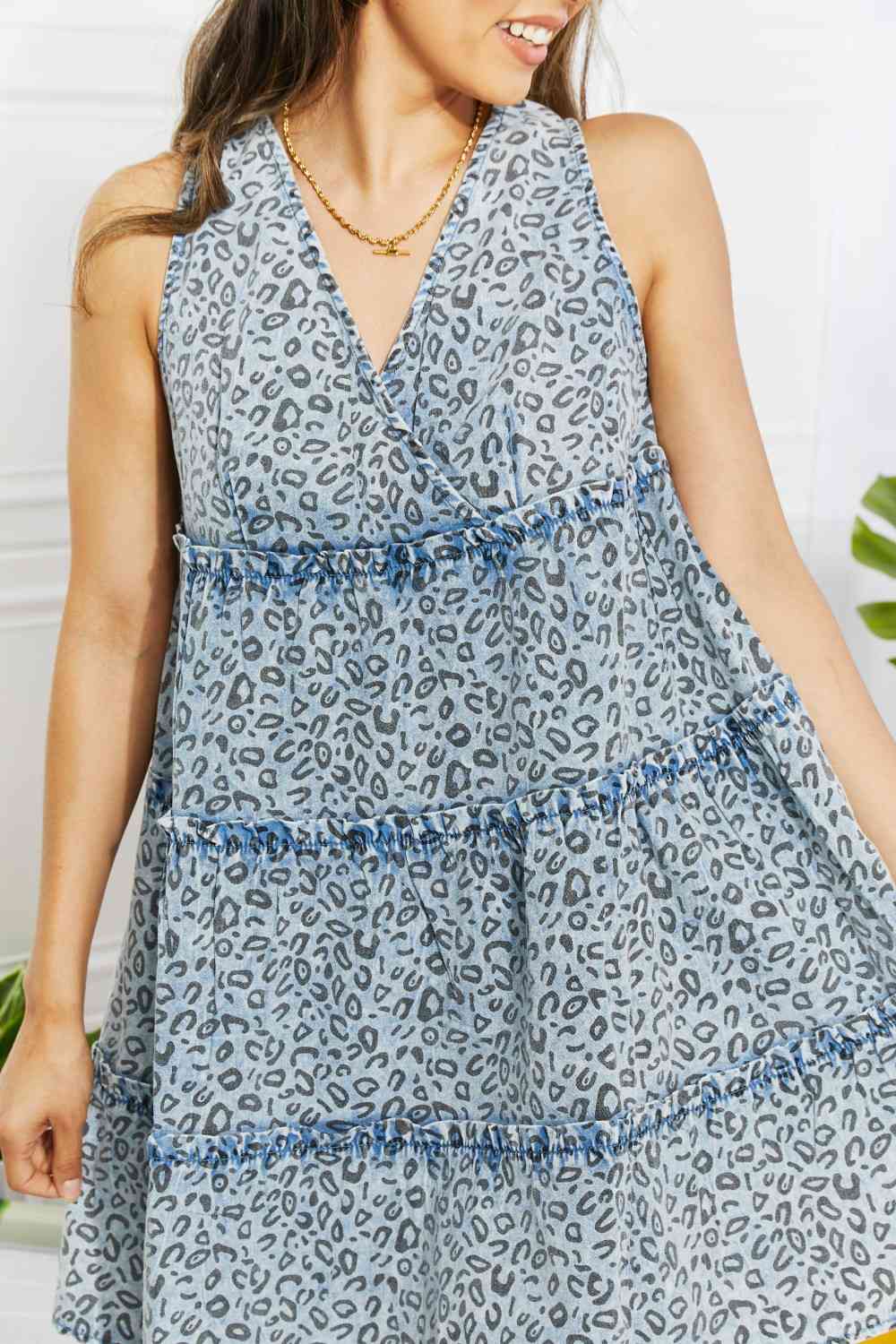 ODDI Full Size Wild One Washed Denim Leopard Dress