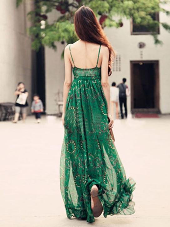 Chiffon Floral-Print Straps V Neck Bohemian Beach Maxi Dress