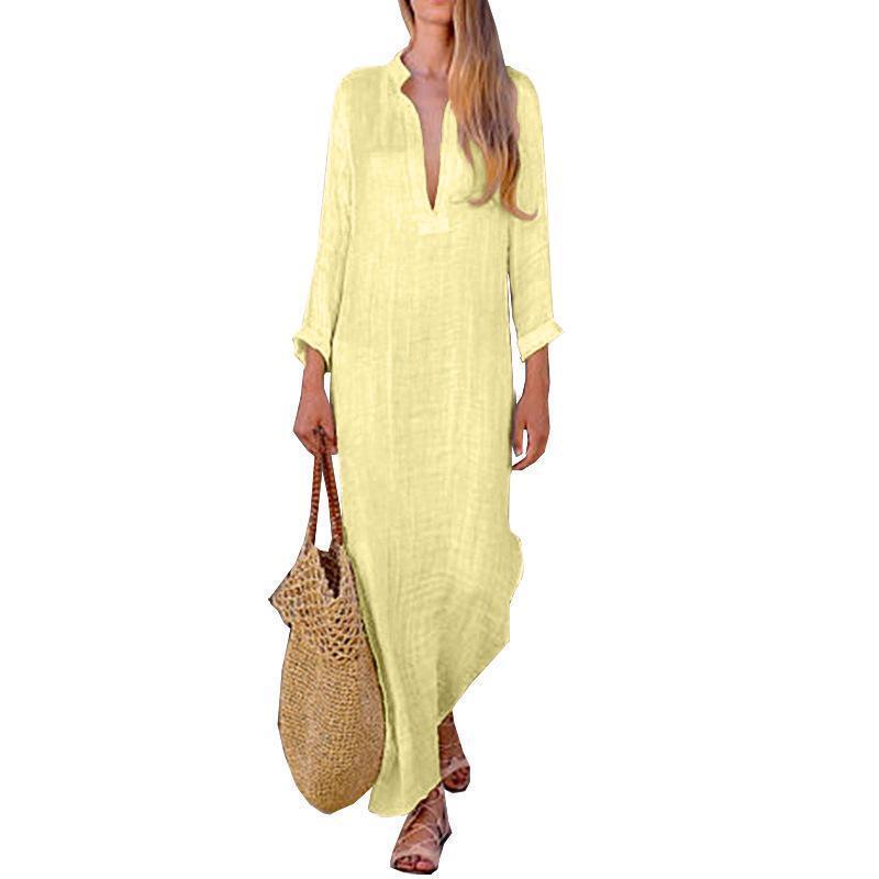 Color V Neck Long Sleeve Casual Maxi Dress