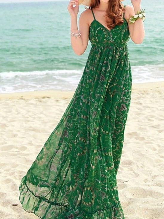 Chiffon Floral-Print Straps V Neck Bohemian Beach Maxi Dress