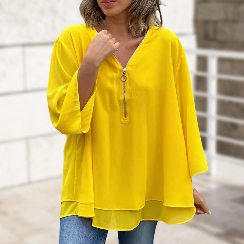 Ivyshape | V-Neck Flowy Zipper Top