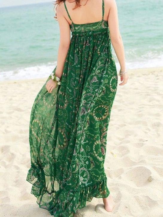 Chiffon Floral-Print Straps V Neck Bohemian Beach Maxi Dress