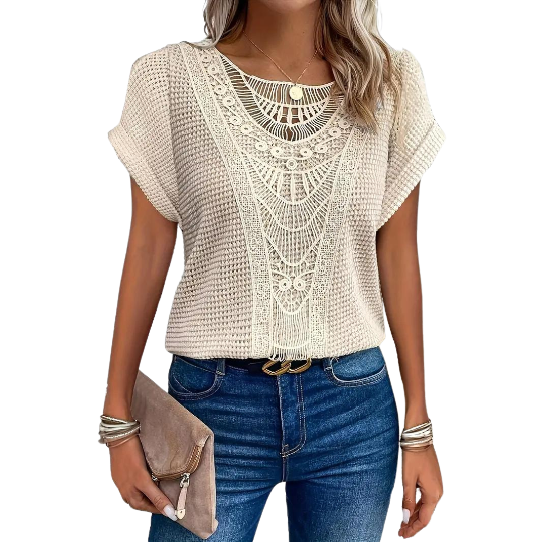 Ivyshape | Short Sleeve Top Casual Lace with Round Neck
