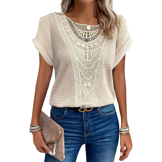 Ivyshape | Short Sleeve Top Casual Lace with Round Neck