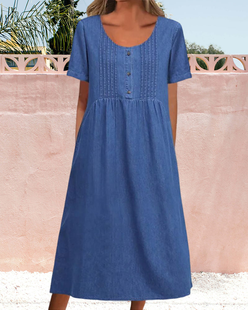 Summer Denim Midi Dress with Short Sleeves | Ideal for Summer