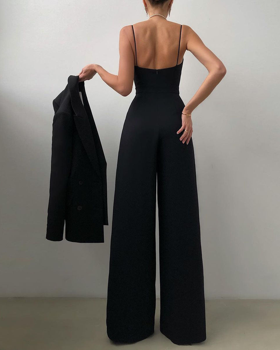 Ivyshape | Straight Jumpsuit with High Waist and Spaghetti Straps for Women