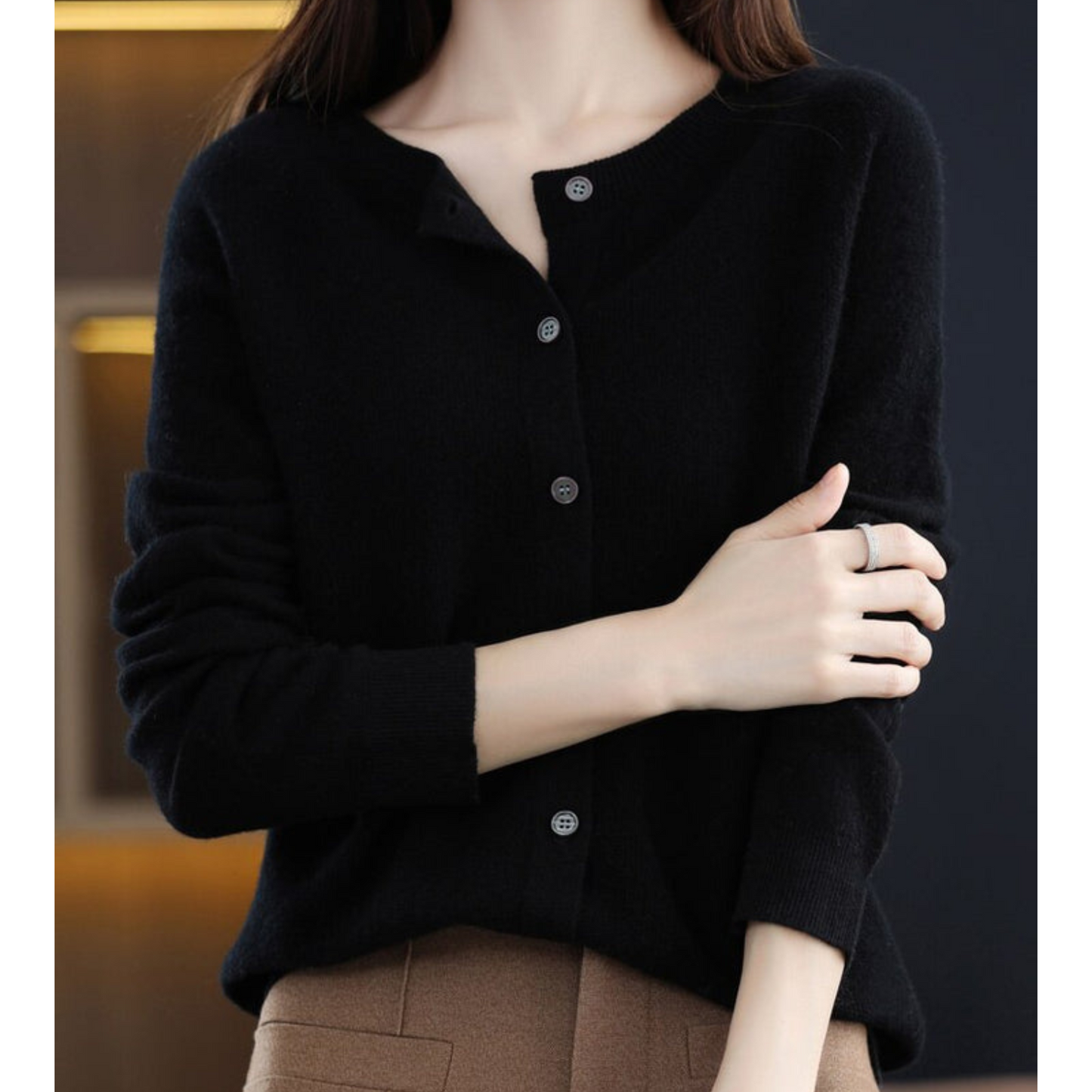 Ivyshape | Women’s cardigan with O-neck made of 100% pure merino wool, cashmere sweater