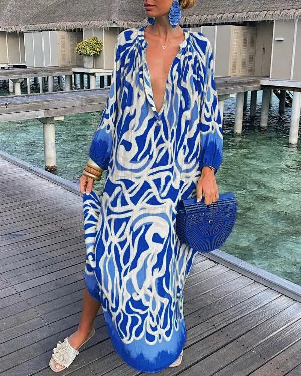 V-Neck Loose Long Sleeve Print Dress