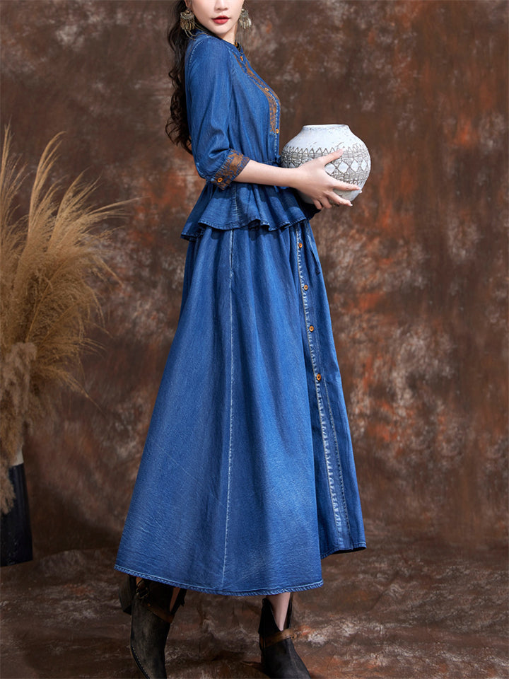 Female Elegant Lace-up Spring Summer 3/4 Sleeve Denim Dress