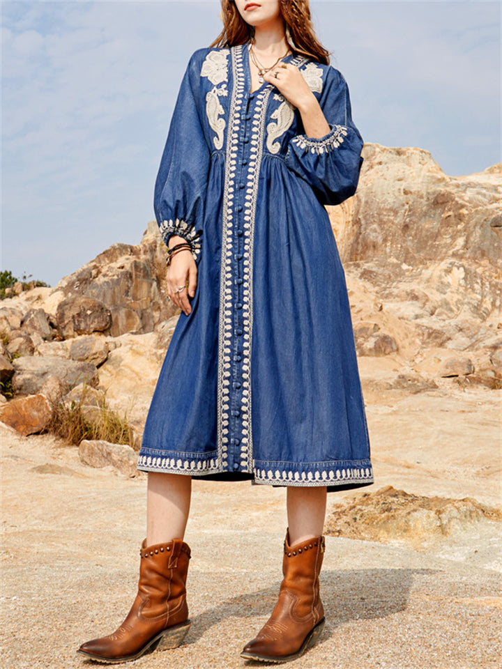 Ethnic Style V Neck Puff Sleeve High-Rise Denim Dress