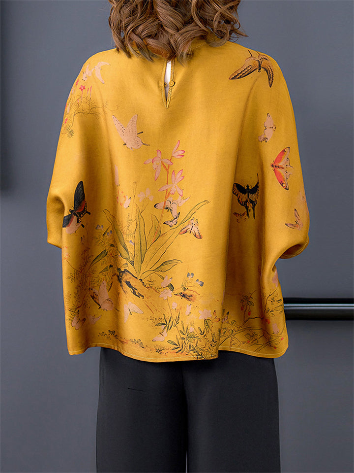 Women's Retro Temperament Wildflower Butterfly Print Shirt