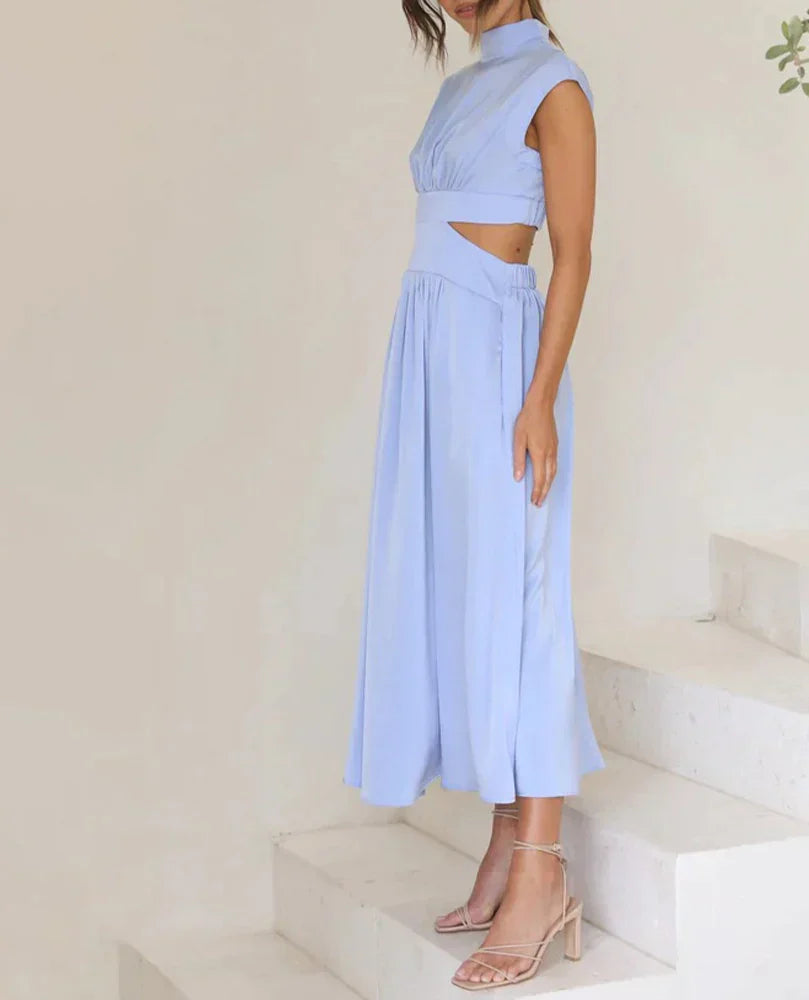 Stand Collar Solid Color Sexy Waist Midi Dress