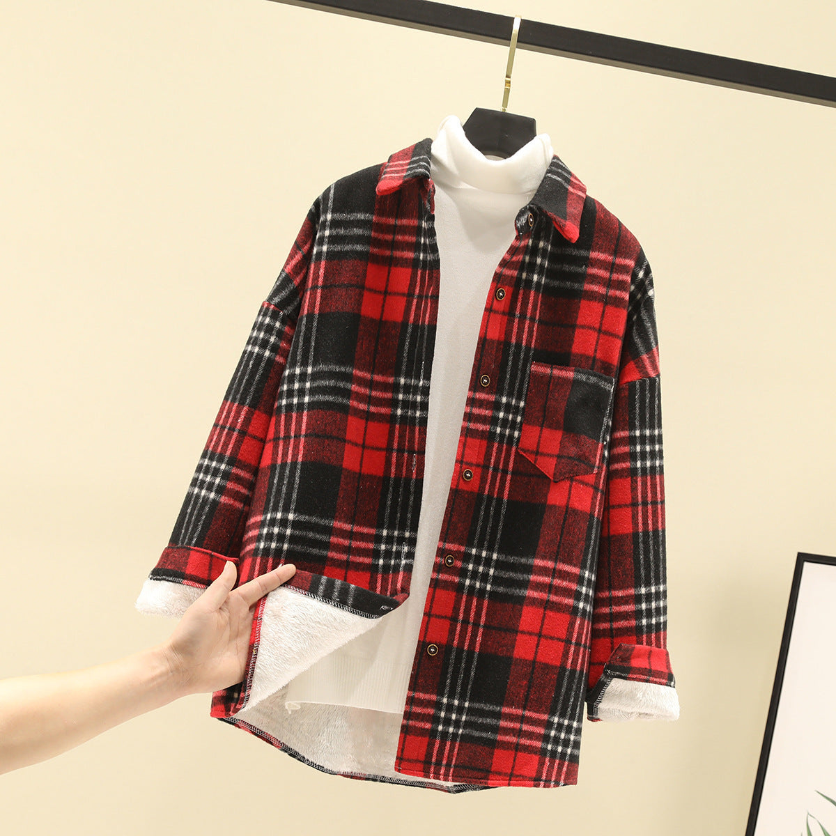 Ivyshape | Woolen Cardigan Coat Fleece Plaid Shirt Women