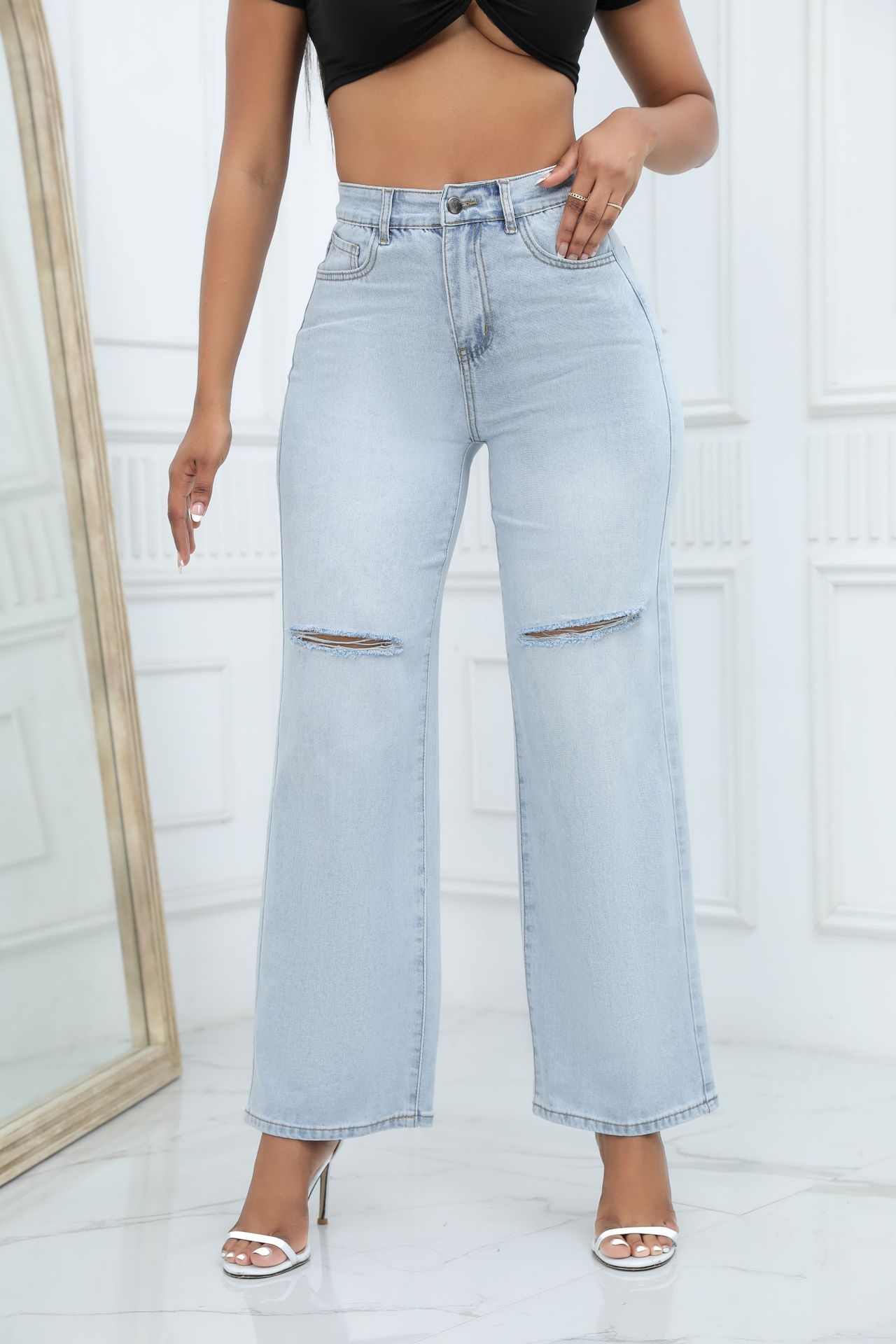 Ivyshape | Women'sRipped Wide-Leg Jeans