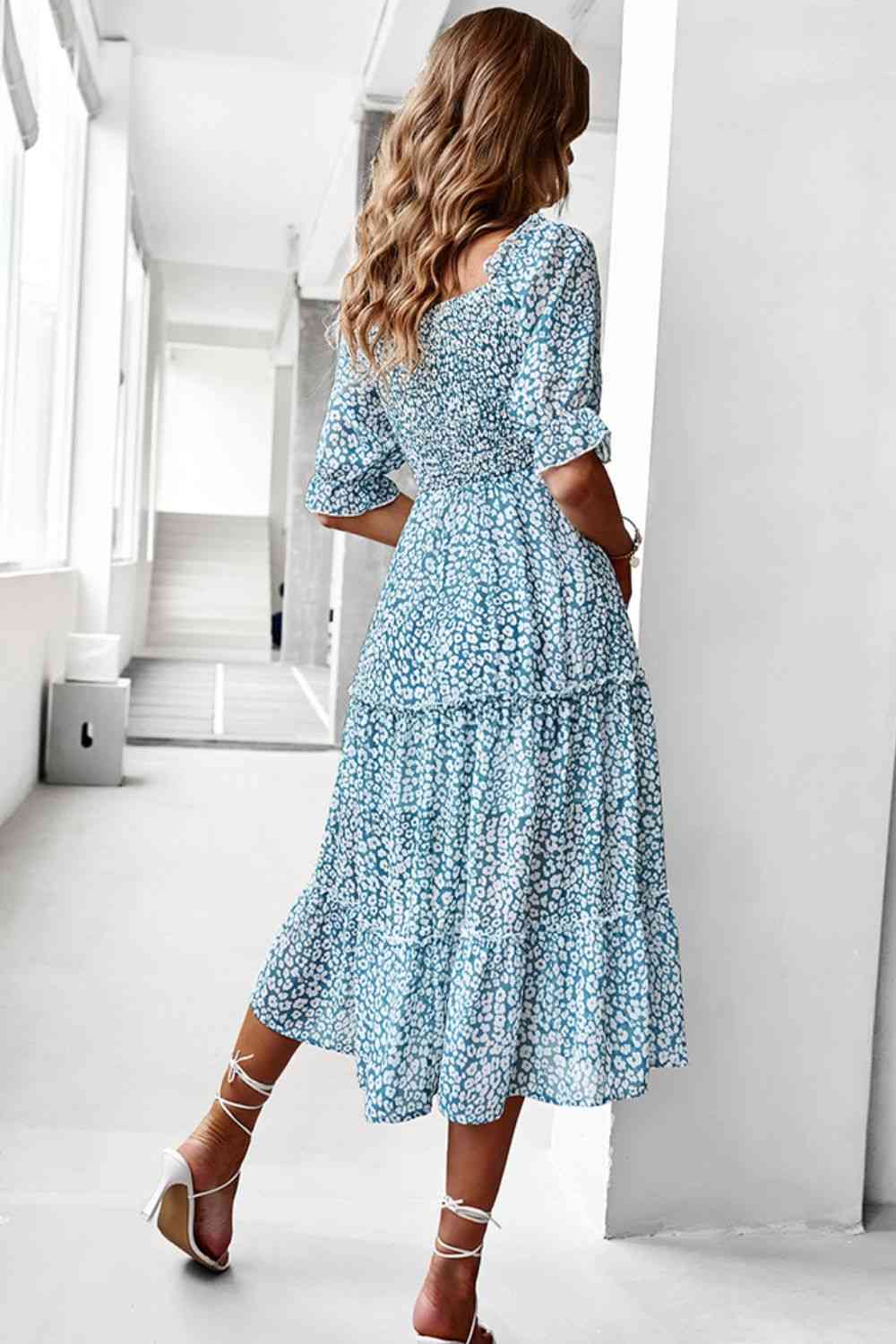 Ditsy Floral Off-Shoulder Smocked Midi Dress