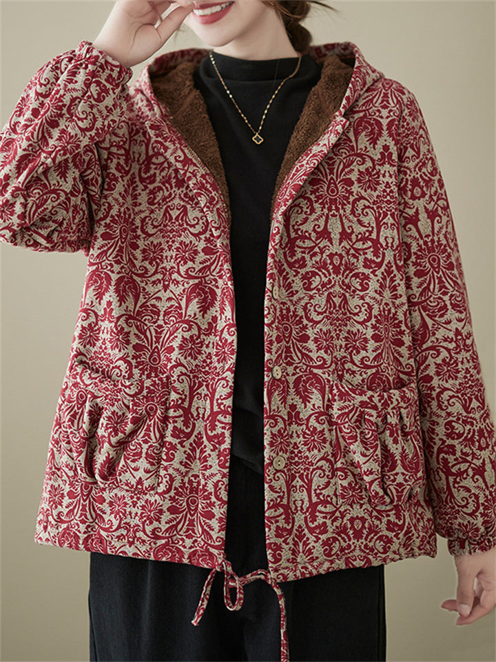 Bohemian Print Button Up Hooded Plush Liner Coat