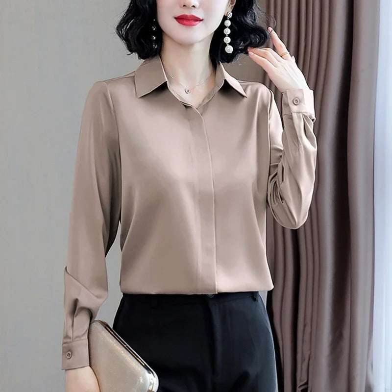 Elegant Satin Long-Sleeve Office Shirt for Women