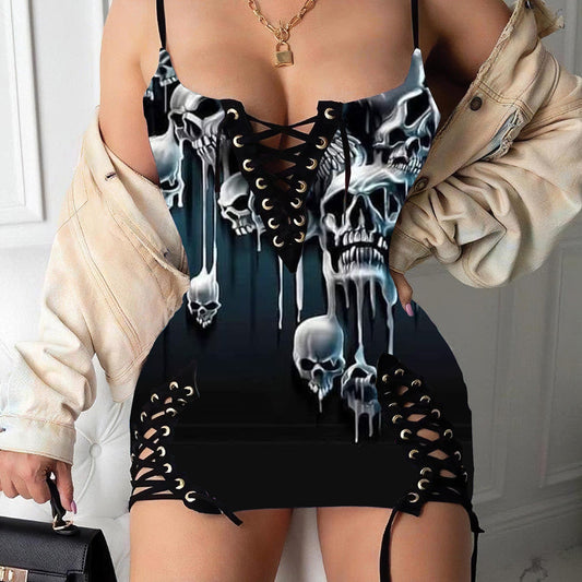 Melting Skull Printed Sexy V-neck Eyelet Lace-up Suspension Dress