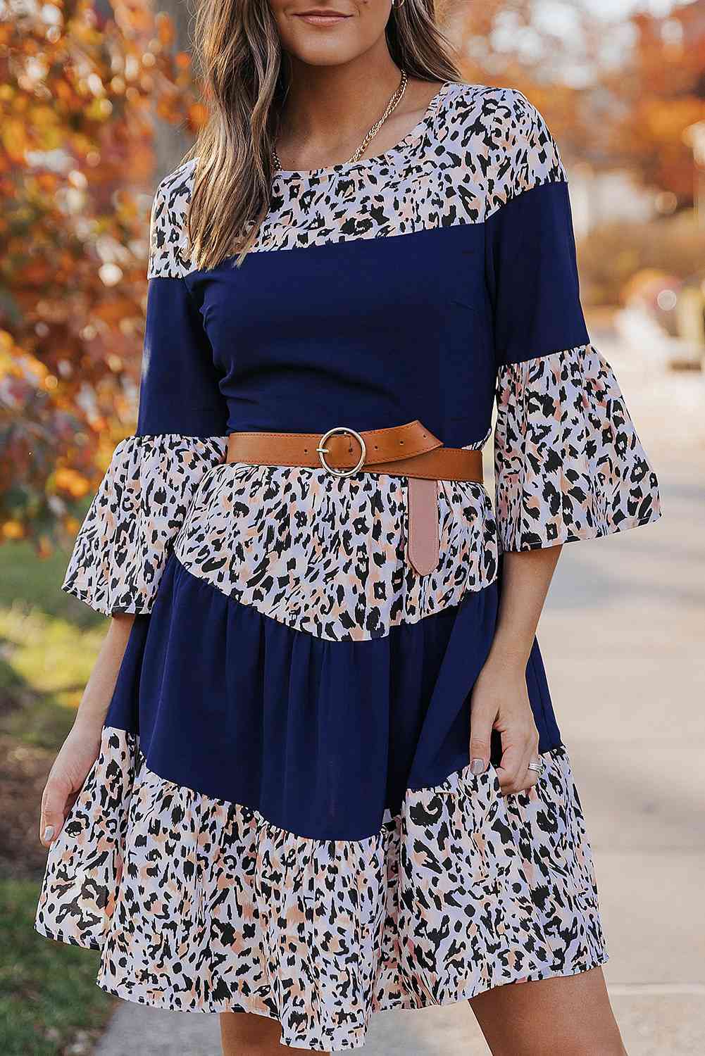 Animal Print Color Block Flare Sleeve Dress