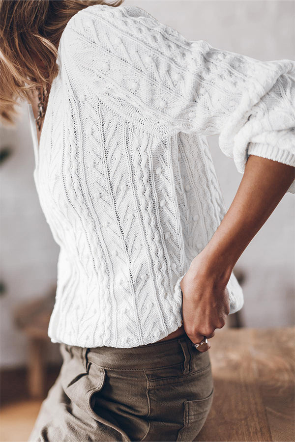 Ivyshape | Solid Cable Knit V-Neck Puff Sleeve Cardigan