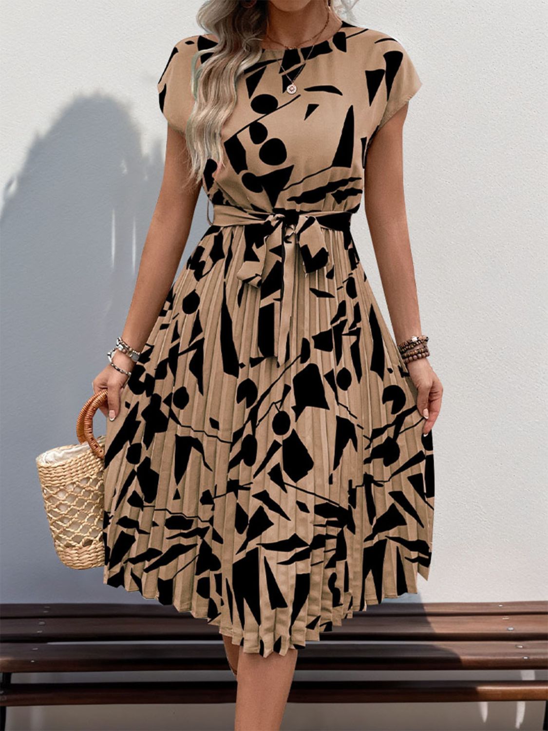 Ivyshape | Tied Pleated Printed Cap Sleeve Dress