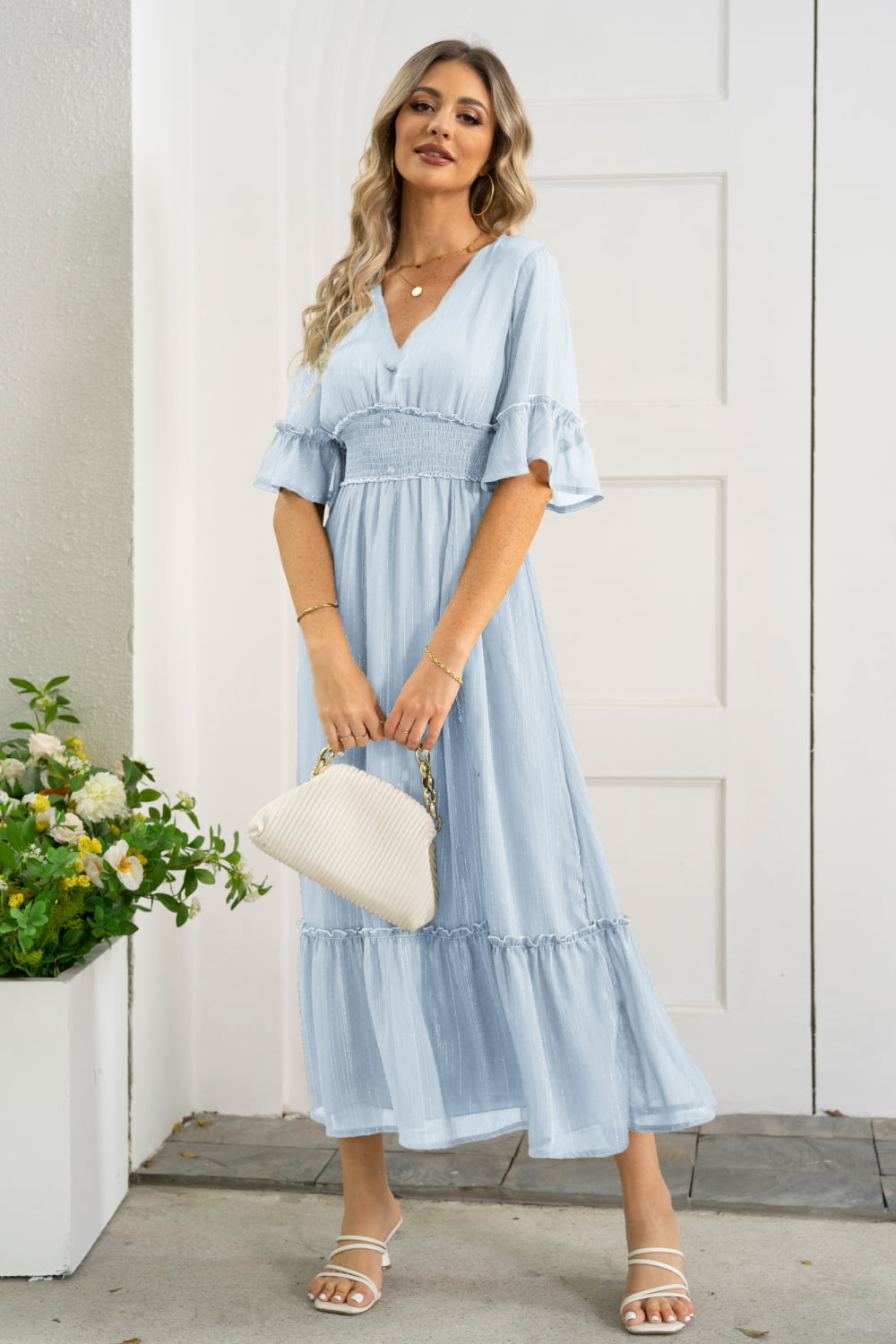 Ivyshape | V-Neck Flounce Sleeve Smocked Waist High Slit Dress