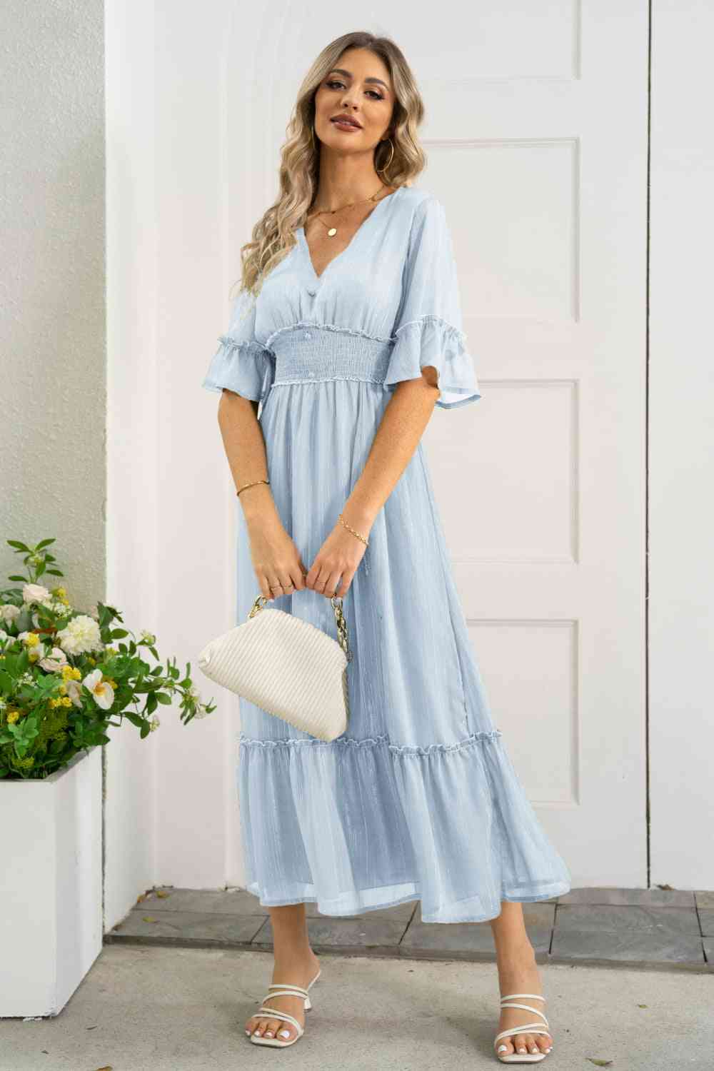 V-Neck Flounce Sleeve Smocked Waist High Slit Dress