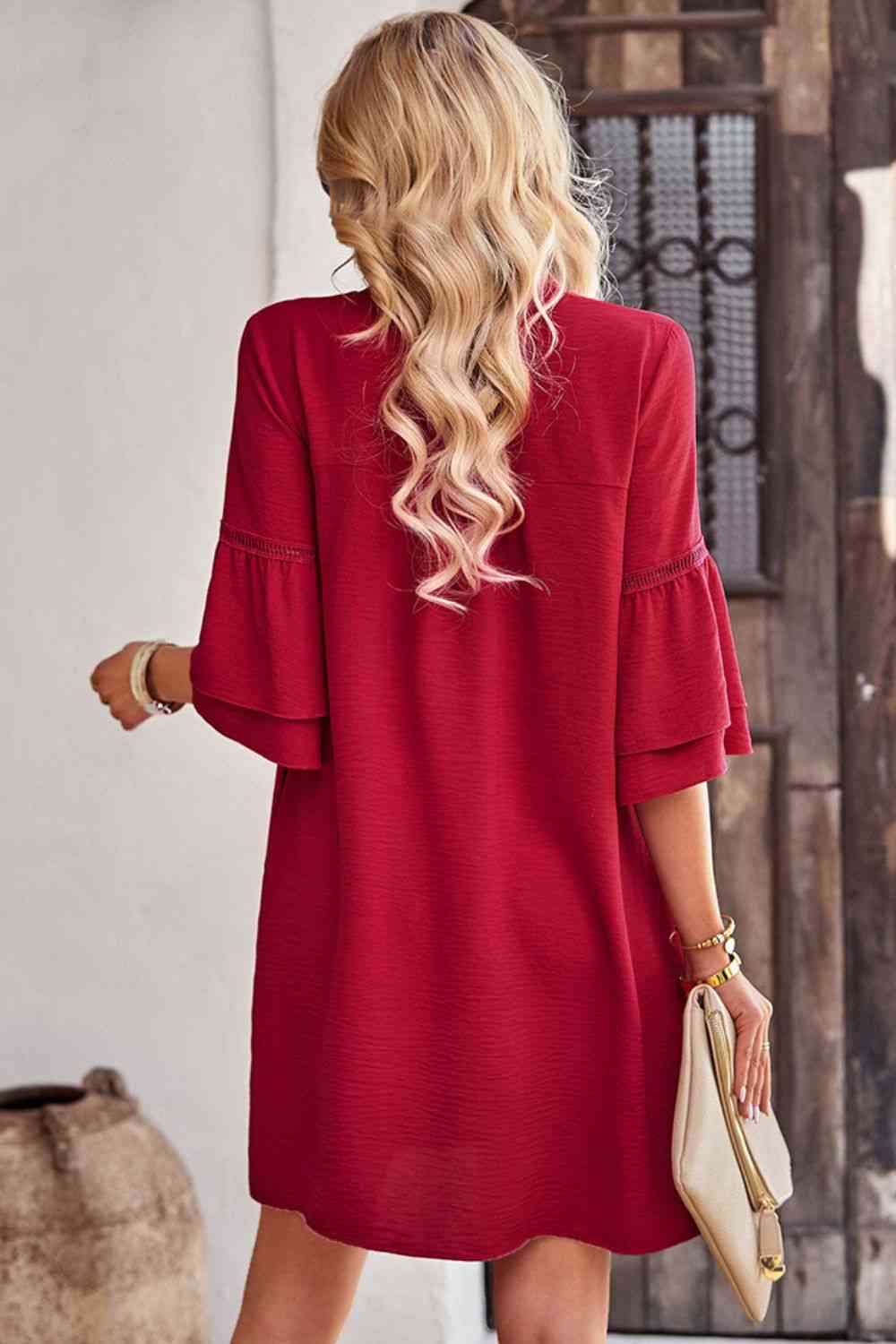 Notched Neck Flare Sleeve Pocket Dress