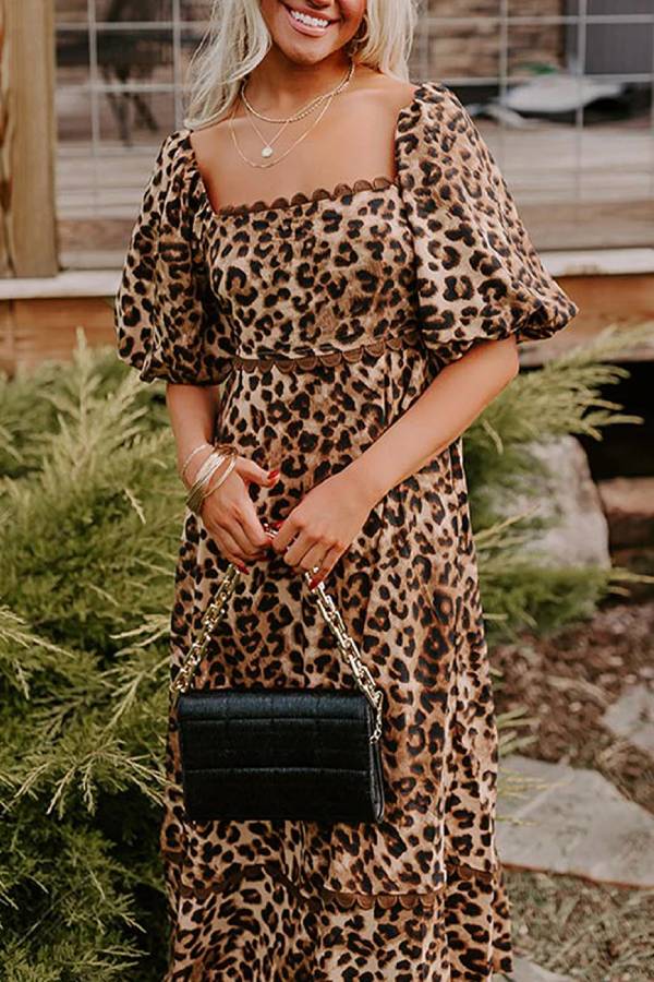 Ivyshape | Leopard Print Puff Sleeve Ricrac Maxi Dress