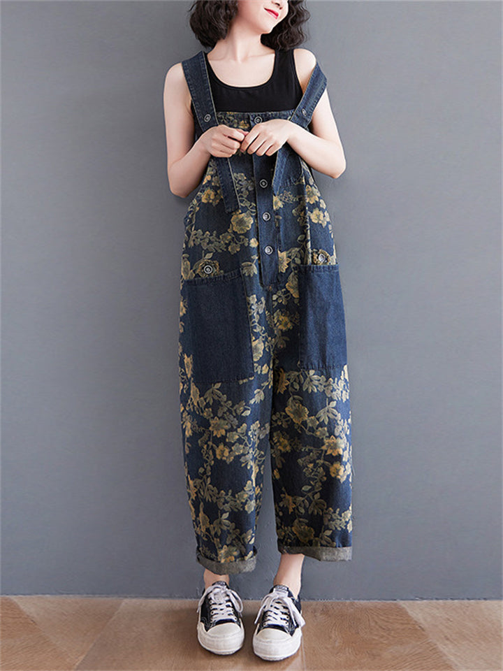 Yellow Flower Print Adjustable Strap Denim Overalls