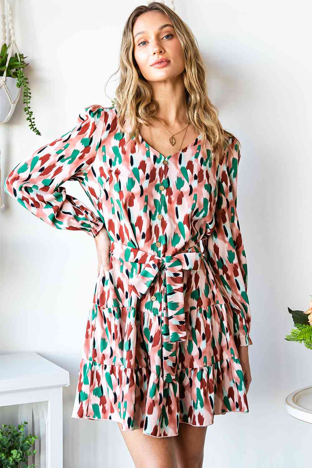 Printed V-Neck Long Sleeve Tiered Dress