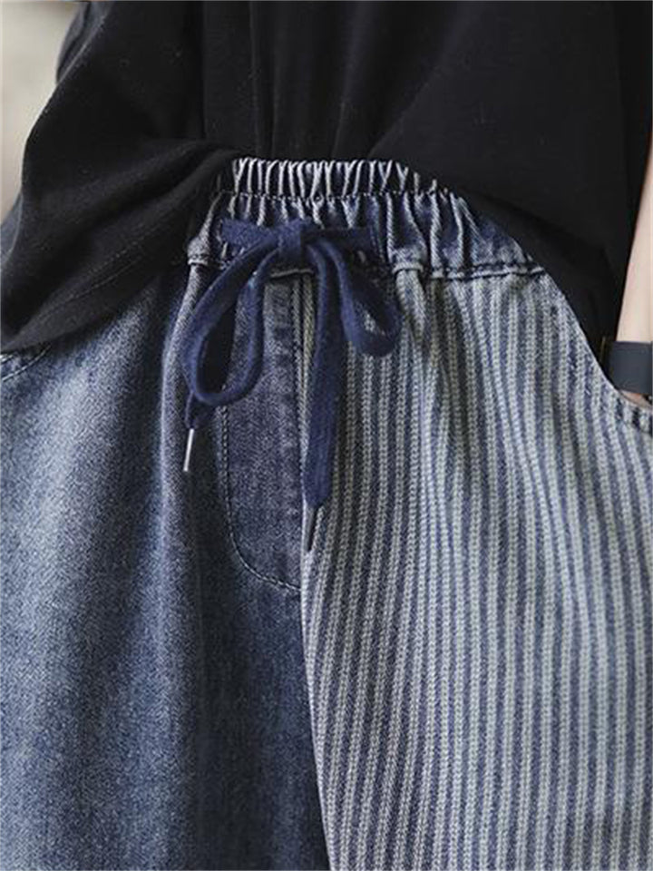 Trend Striped Patchwork Blue Denim Pants