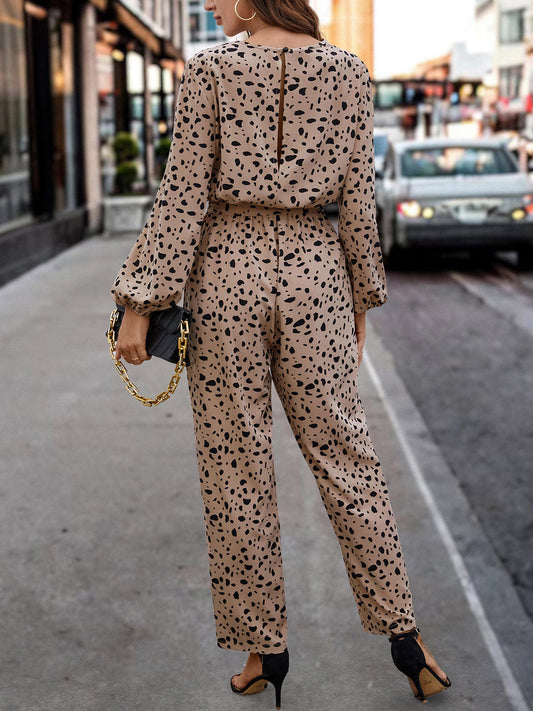 Ivyshape | Leopard Tie Front Balloon Sleeve Jumpsuit