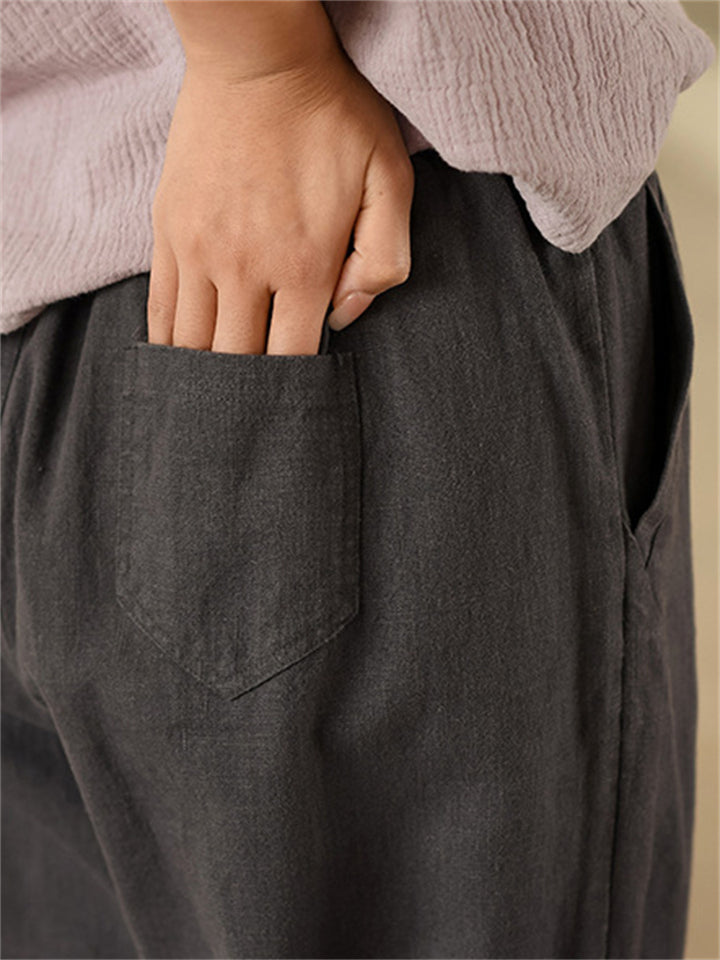 Women's Simple Cotton Linen Elastic Waist Straight-Leg Pants