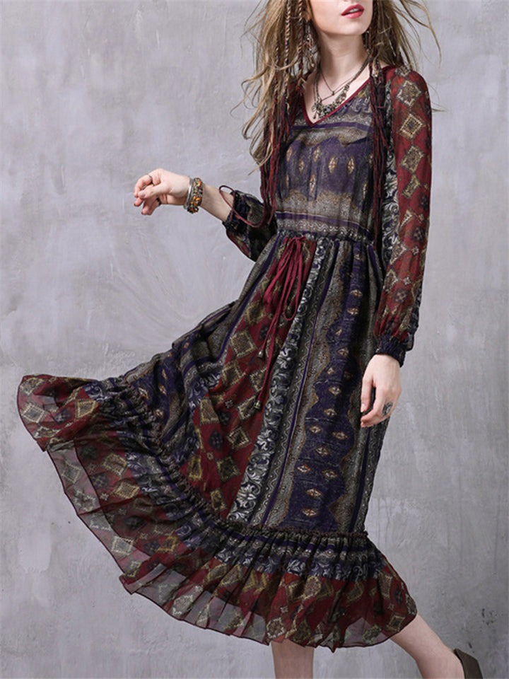 Ethnic Style V-Neck Printed Ruffled Hem Chiffon Dress