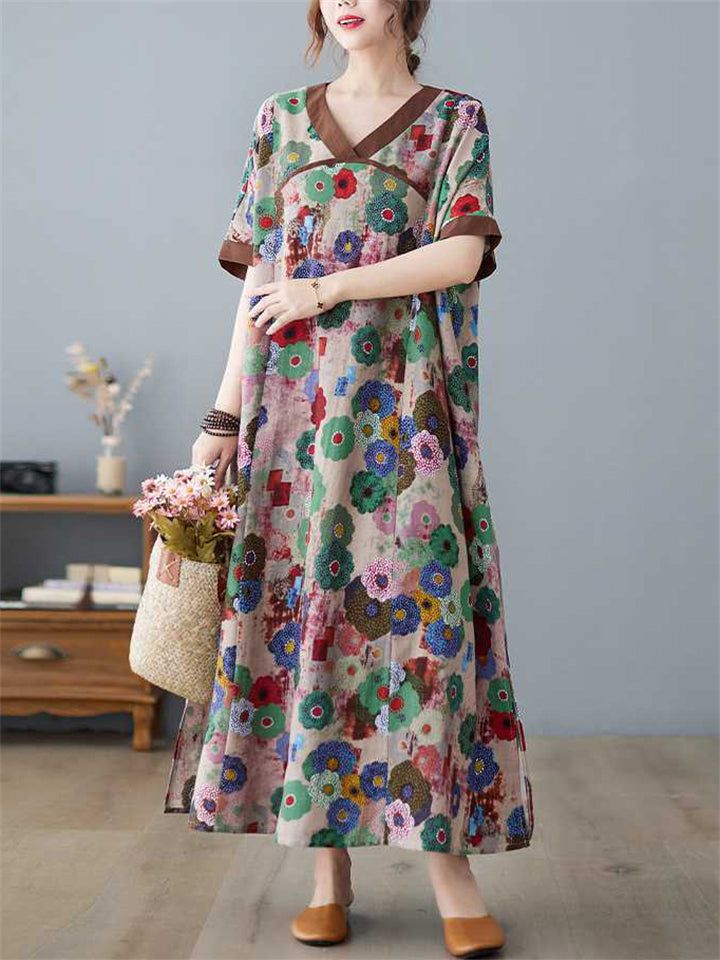 Women's V-neck Contrast Color Short Sleeve Floral Dress