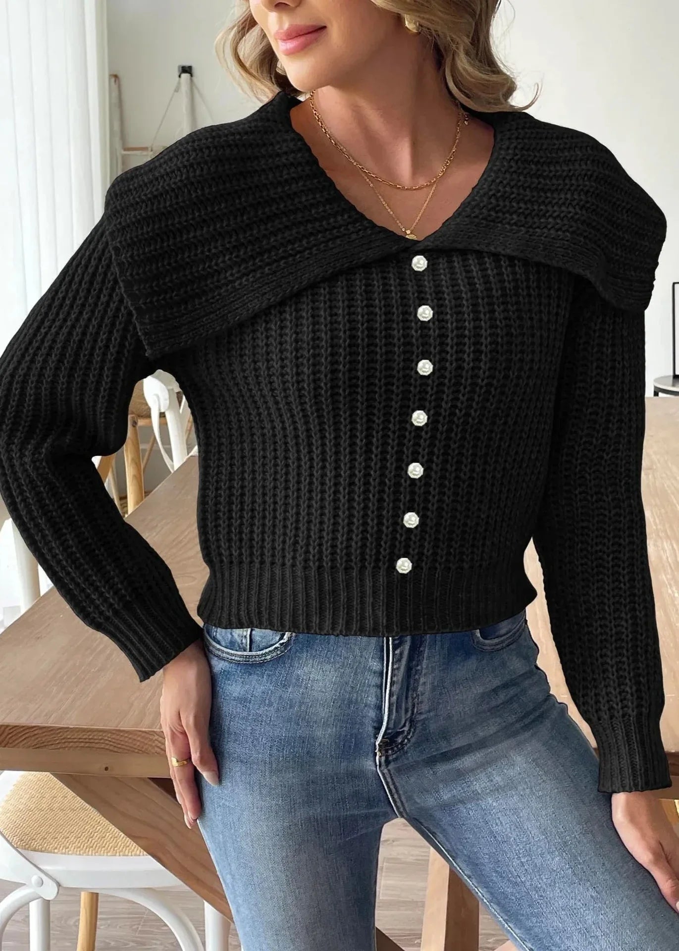 Ivyshape | Women's Short Beaded Lapel Sweater Chic & Stylish