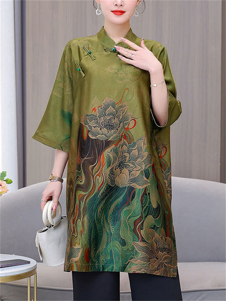 Elegant Lotus Flower Print Oriental Dresses for Women