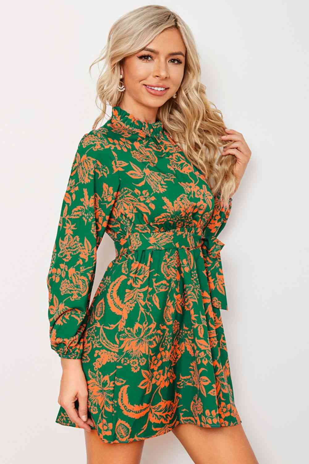 Floral Frill Neck Tied Balloon Sleeve Dress