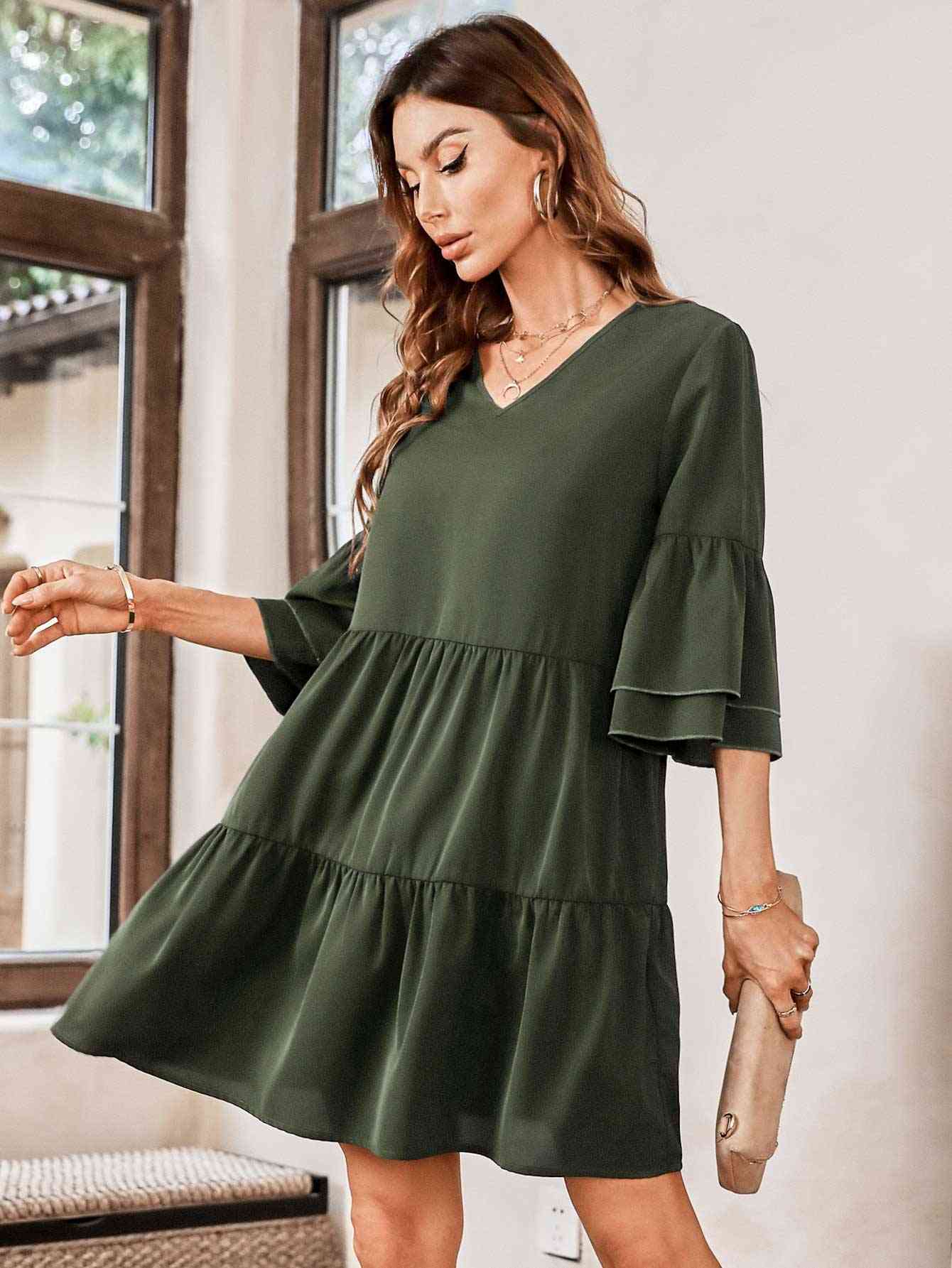 V-Neck Three-Quarter Flounce Sleeve Tiered Dress